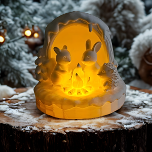 Décoration de Noël Photophore lapin écureuil hérisson autour d'un feu de camp