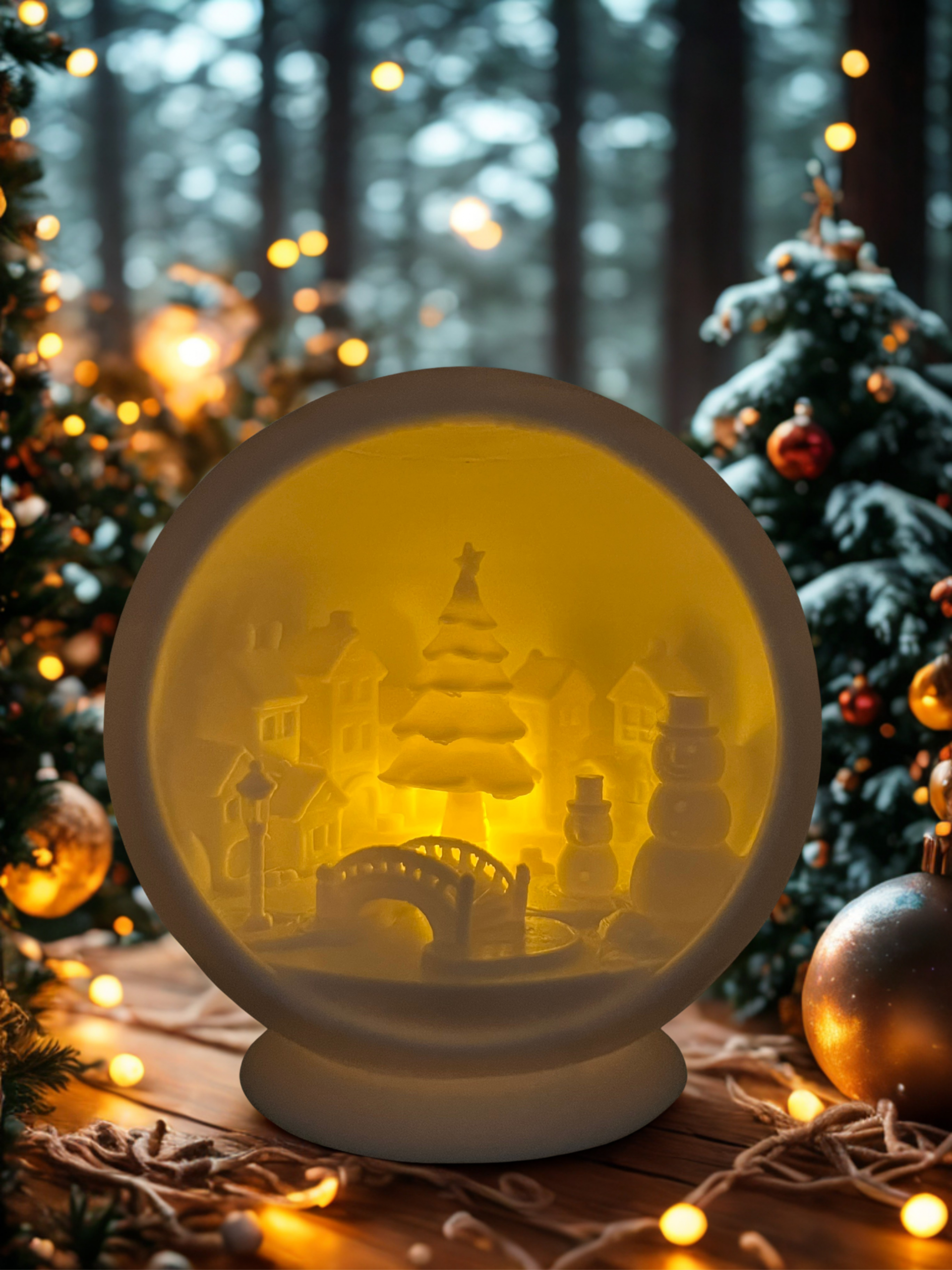 Boule de Noël blanc mat éclairée de l’intérieur – village enneigé lumineux