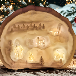 Village enneigé lumineux blanc – décoration d’ambiance hivernale