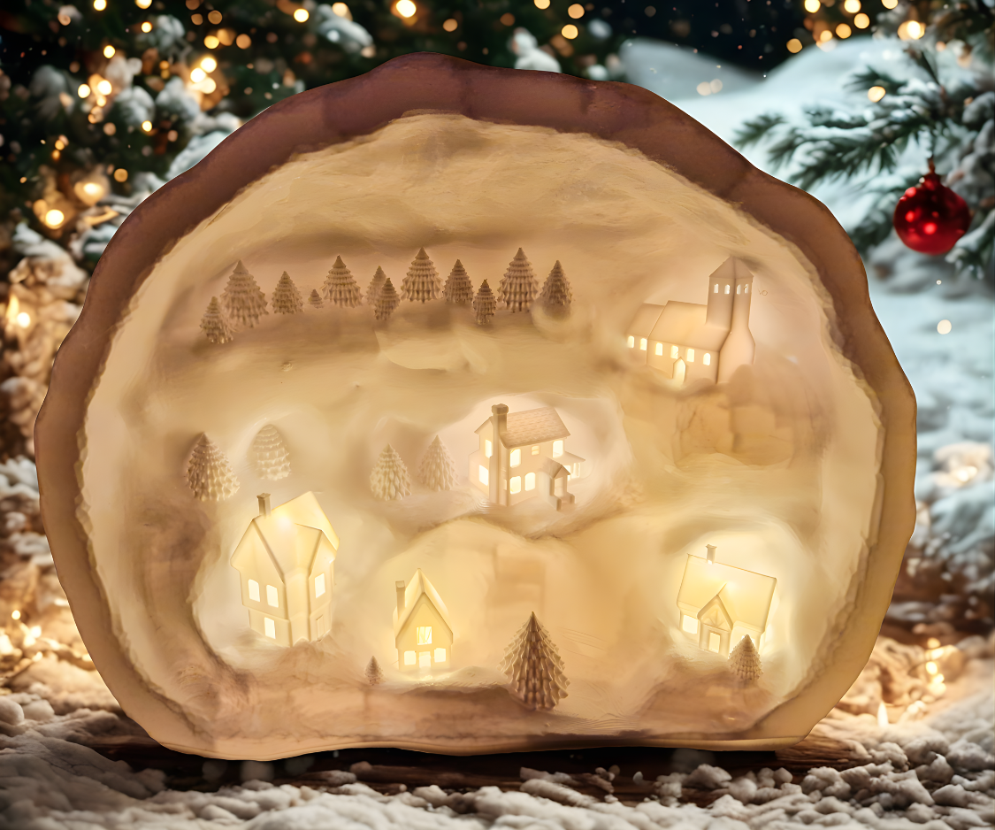 Village enneigé lumineux blanc – décoration d’ambiance hivernale