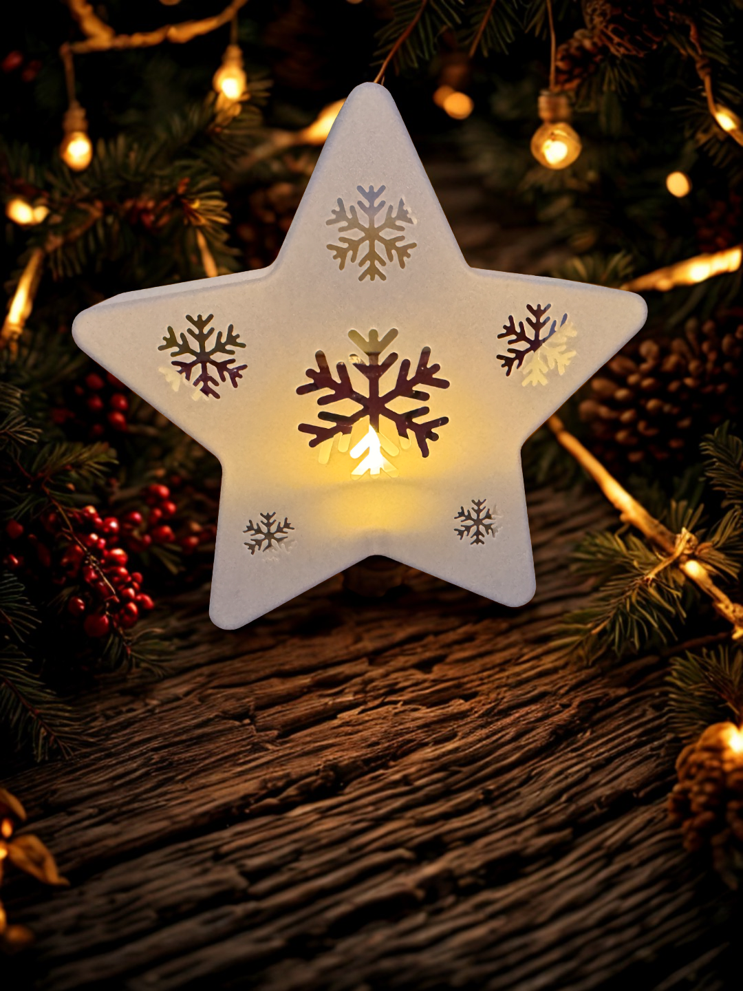 Photophore étoile flocon en PLA blanc avec lumière chaude