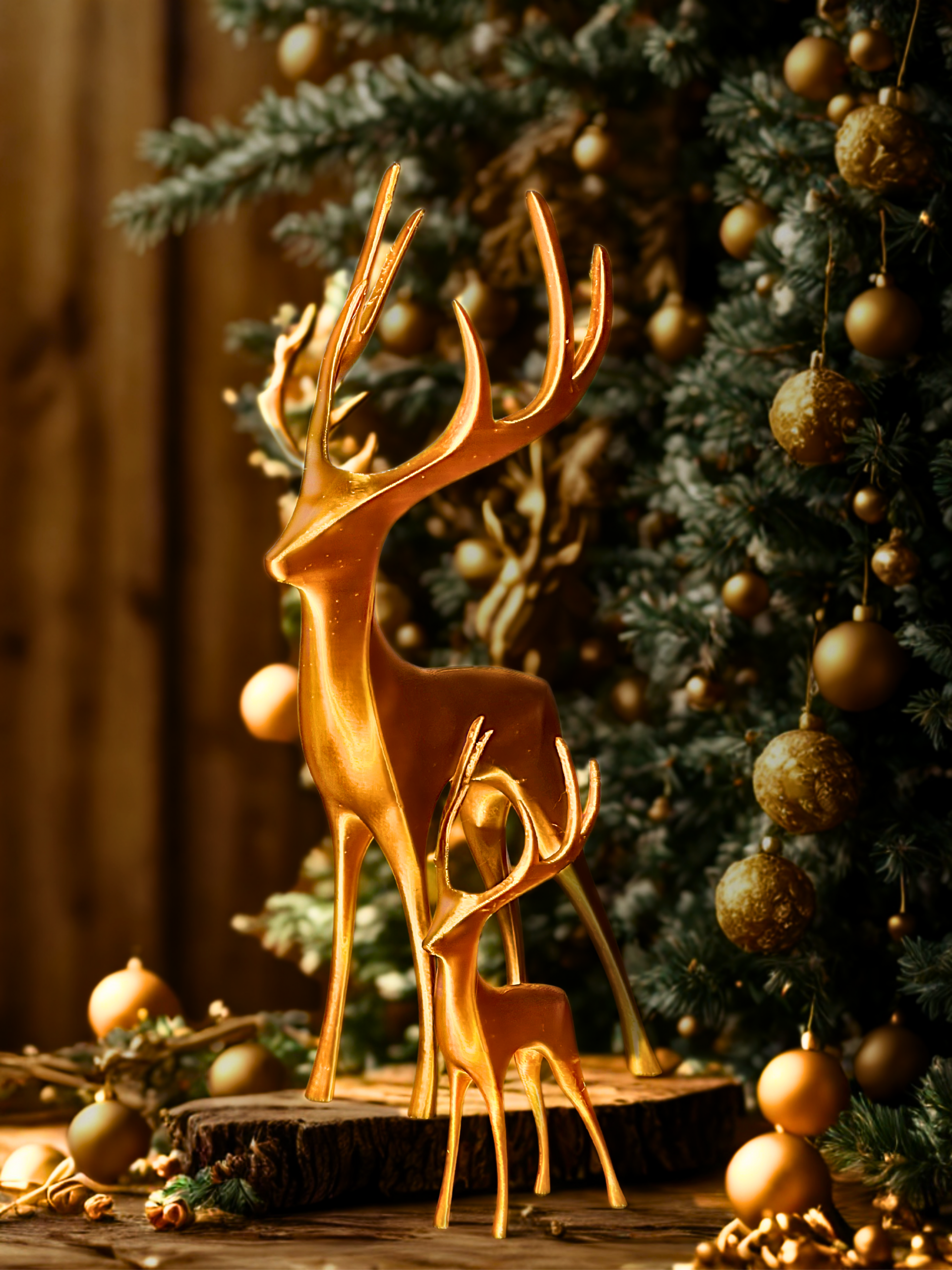 Duo de cerfs laiton dorés – décoration chic de Noël