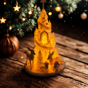 Sapin lumineux de Noël avec scène forestière et cerfs – décoration blanche artisanale