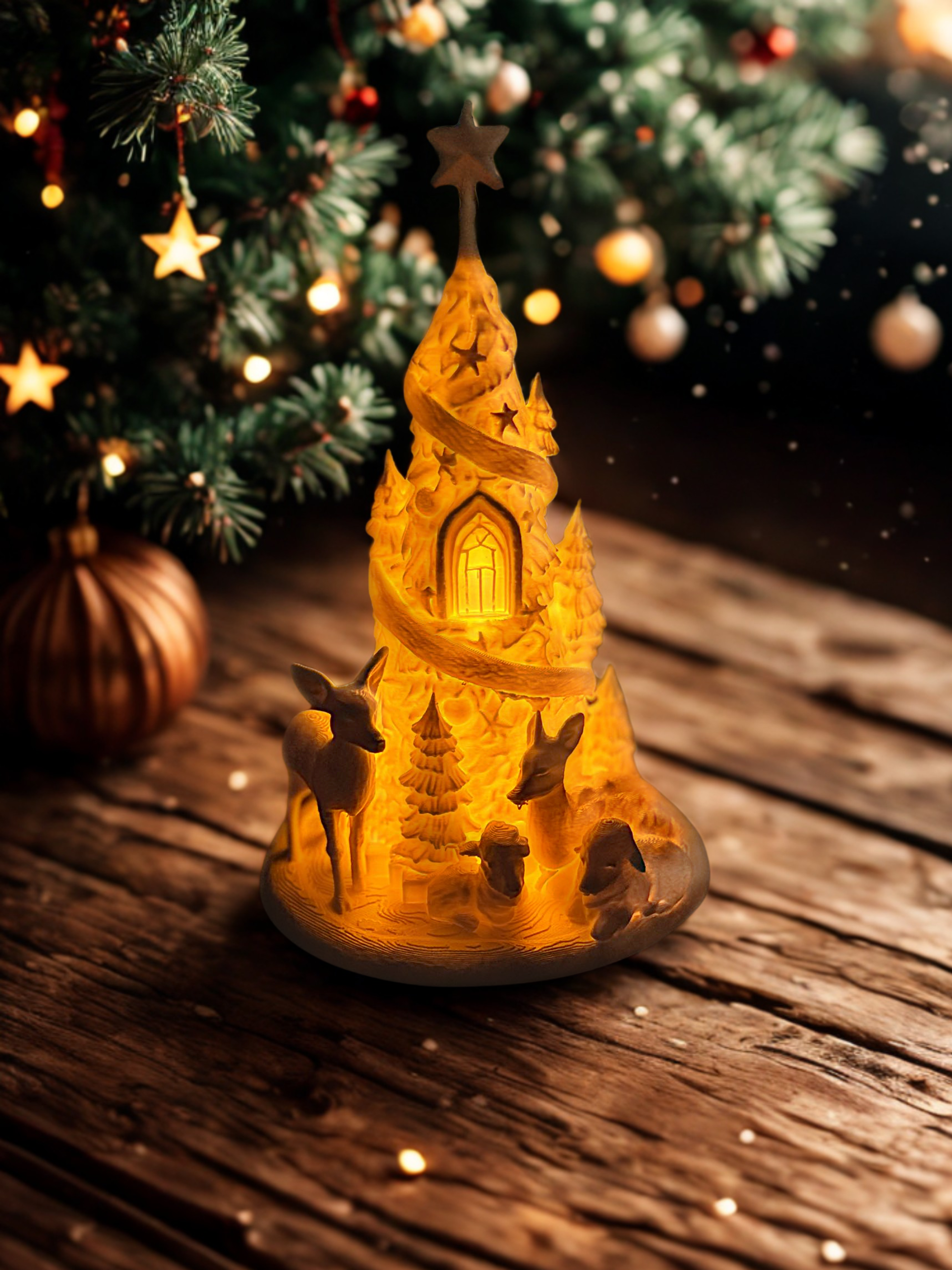 Sapin lumineux de Noël avec scène forestière et cerfs – décoration blanche artisanale